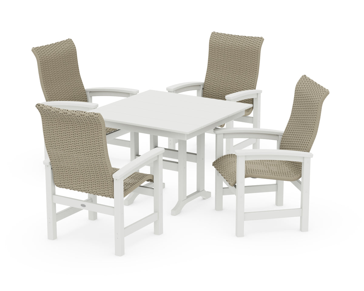 POLYWOOD Coastal Woven High-Back 5-Piece Farmhouse Dining Set in White / Dune Grass