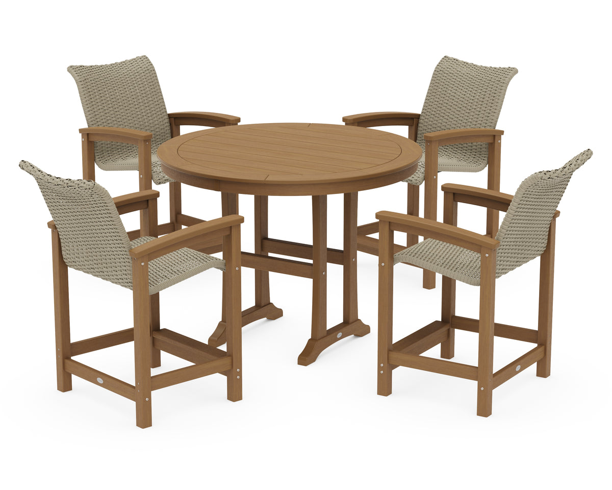 POLYWOOD Coastal Woven 5-Piece Round Counter Set in Natural / Dune Grass
