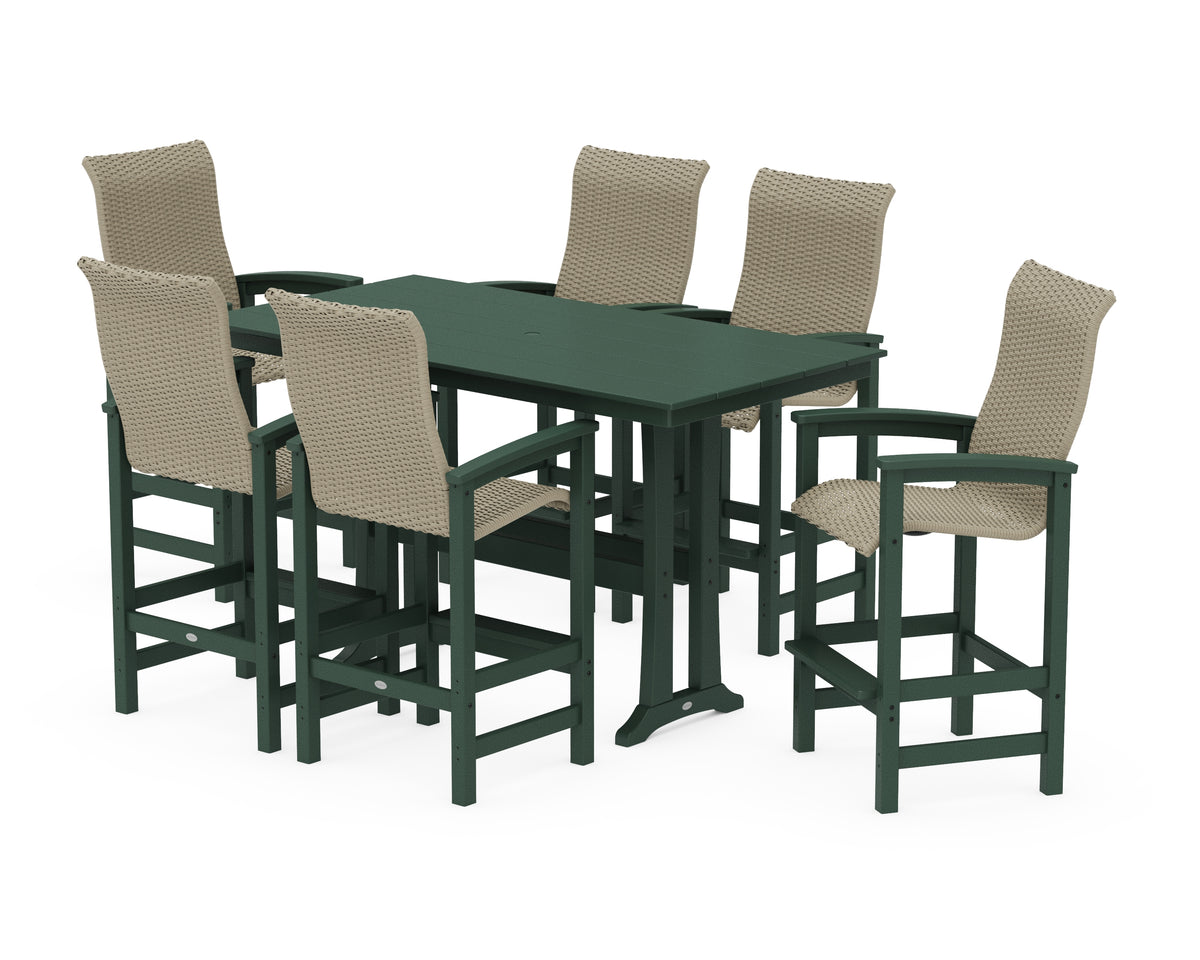POLYWOOD Coastal Woven High-Back Arm Chair 7-Piece Farmhouse Bar Set with Trestle Legs in Green / Dune Grass