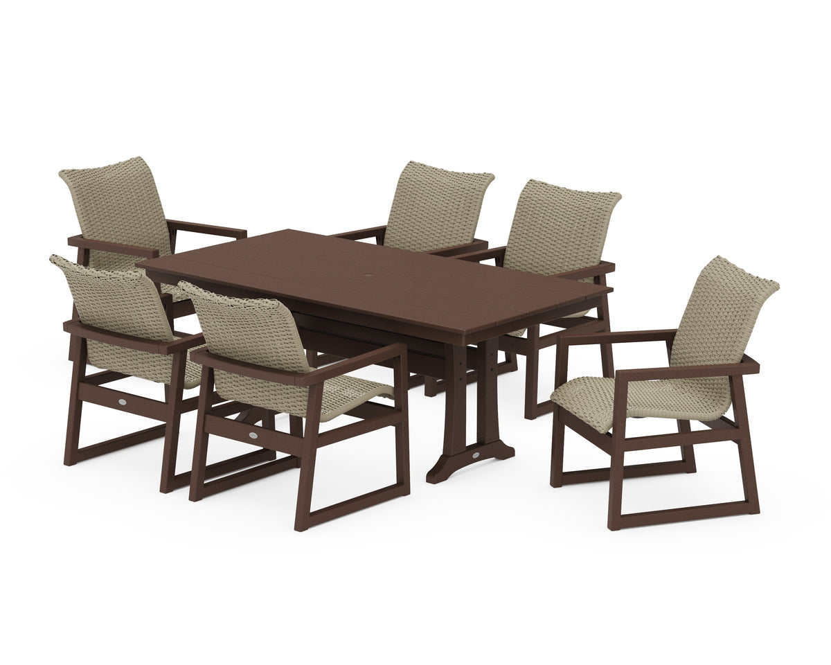 POLYWOOD EDGE Woven Arm Chair 7-Piece Farmhouse Dining Set with Trestle Legs in Mahogany / Dune Grass