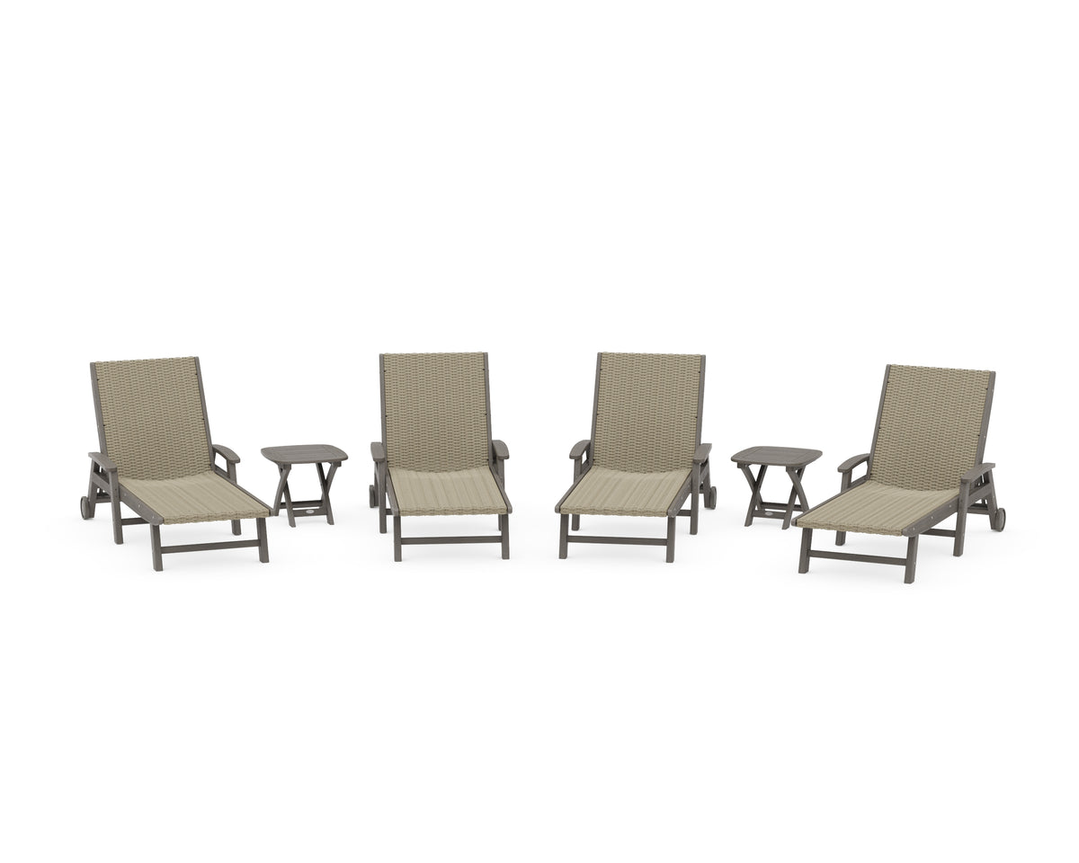 POLYWOOD 6-Piece Coastal Woven Chaise with Arms and Wheels Lounge Set in Driftwood / Dune Grass