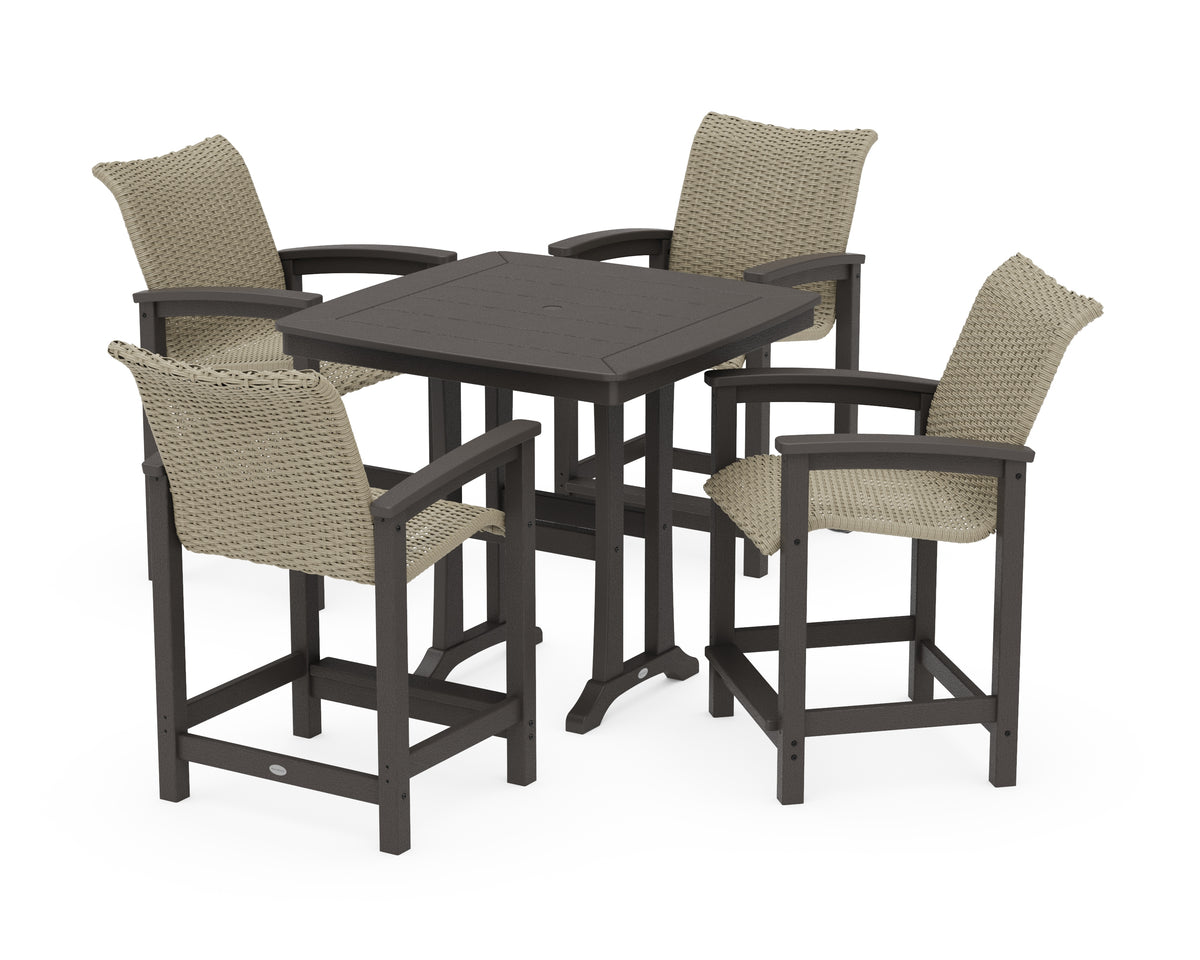 POLYWOOD Coastal Woven 5-Piece Counter Set with Trestle Legs in Vintage Coffee / Dune Grass