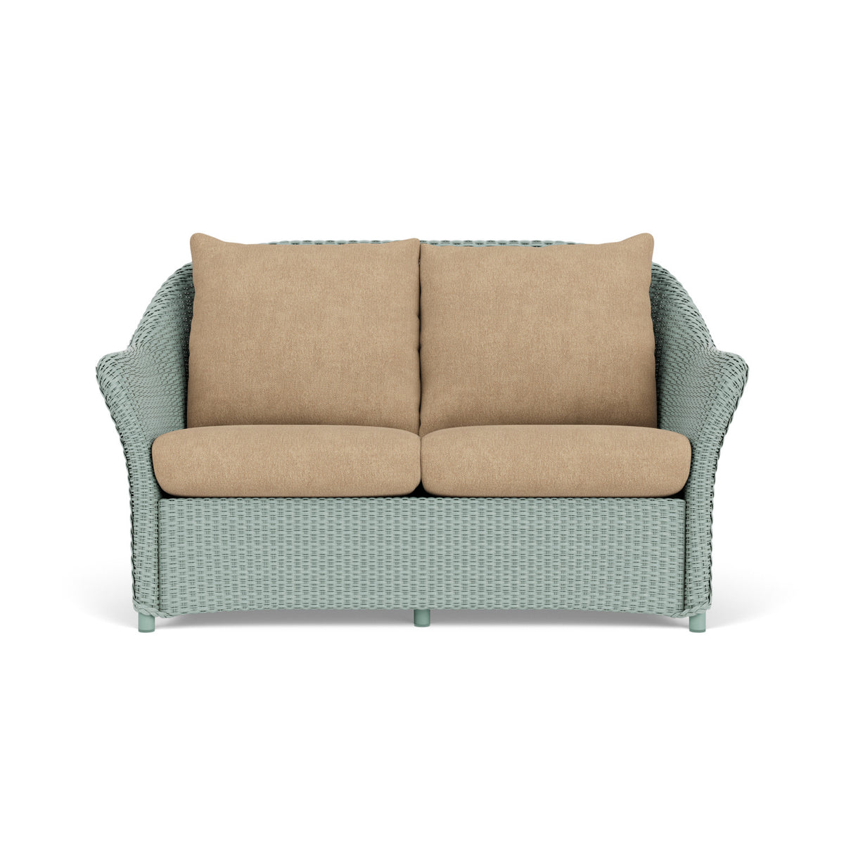 Lloyd Flanders Weekend Retreat Loveseat in Sea Glass with Hayden Sand fabric