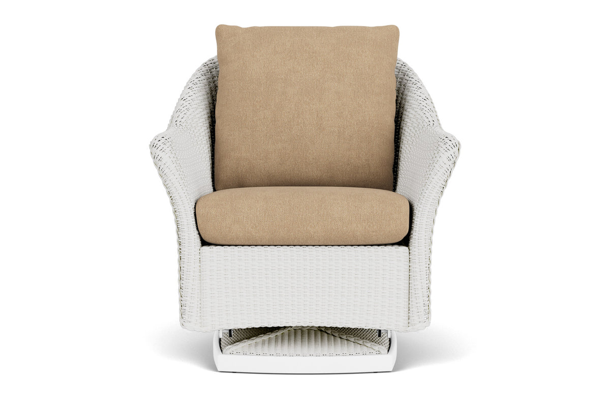 Lloyd Flanders Weekend Retreat Swivel Glider Lounge Chair in Matte White with Hayden Sand fabric