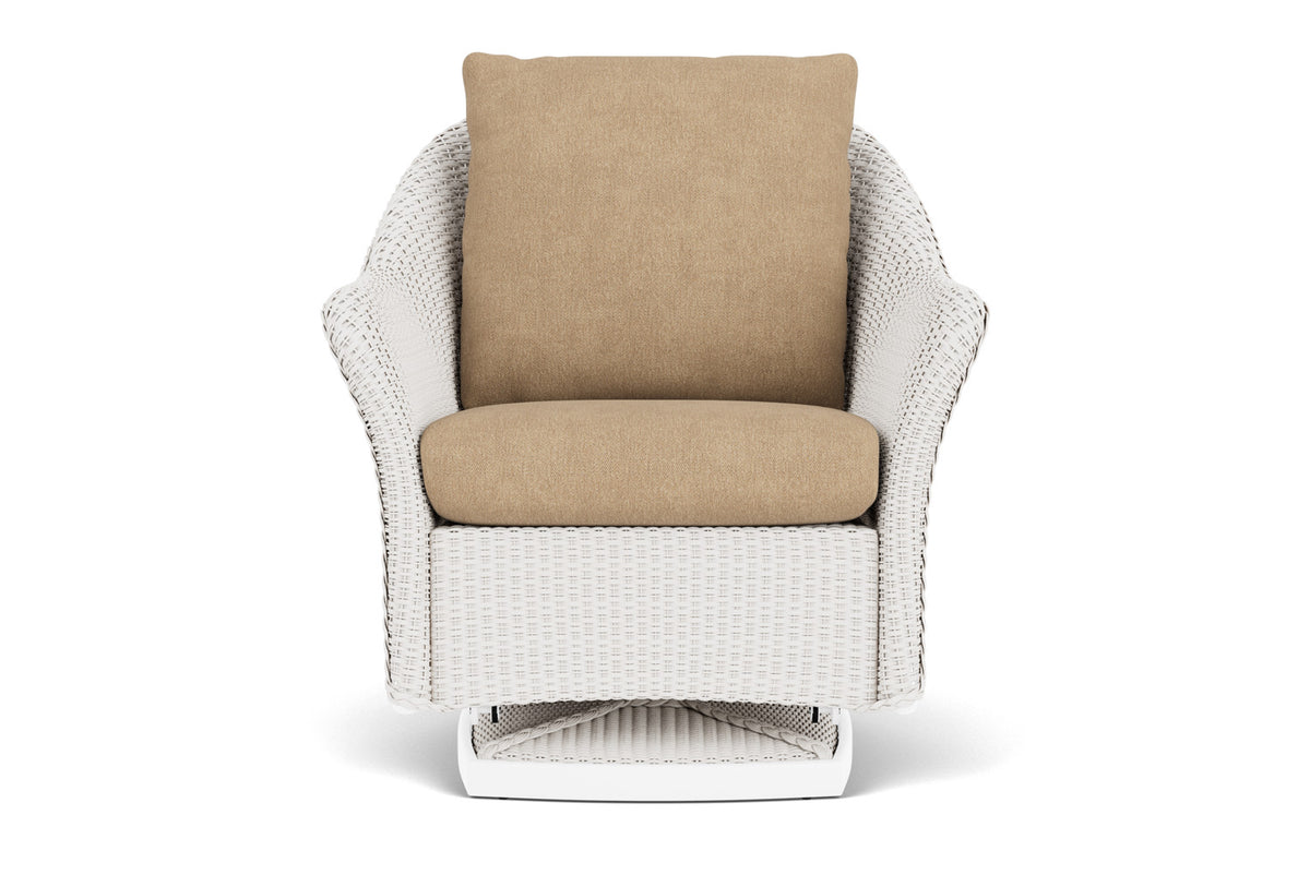 Lloyd Flanders Weekend Retreat Swivel Glider Lounge Chair in White with Hayden Sand fabric