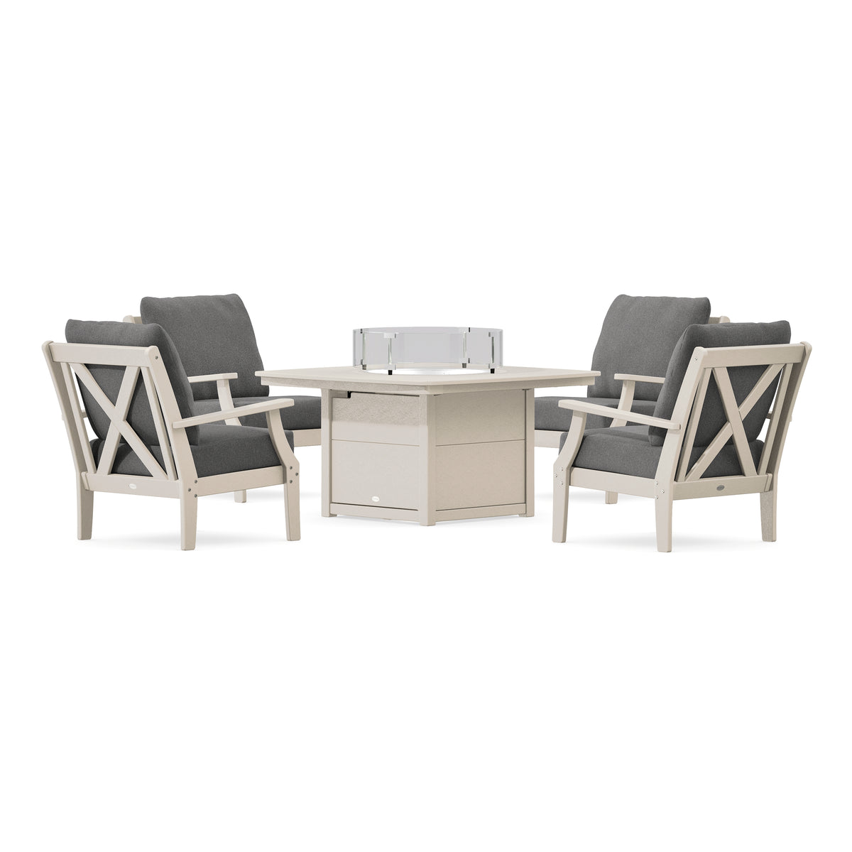 POLYWOOD Braxton 5-Piece Deep Seating Conversation Set with Fire Pit Table in Sand
