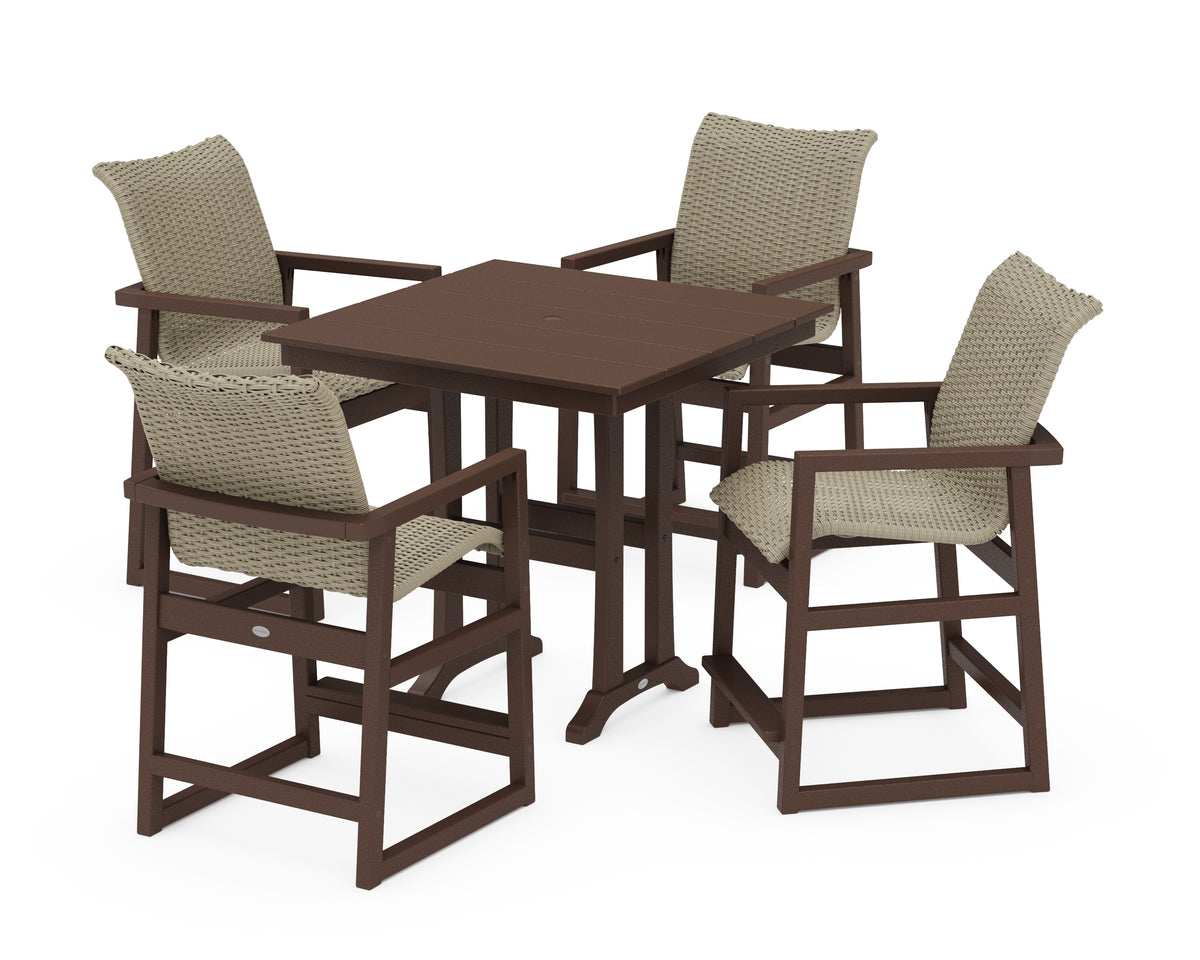 POLYWOOD EDGE Woven 5-Piece Farmhouse Counter Set with Trestle Legs in Mahogany / Dune Grass