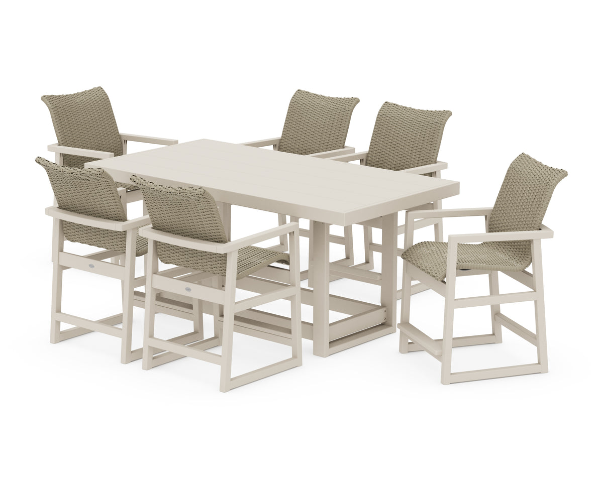 POLYWOOD EDGE Woven Arm Chair 7-Piece Counter Set in Sand / Dune Grass