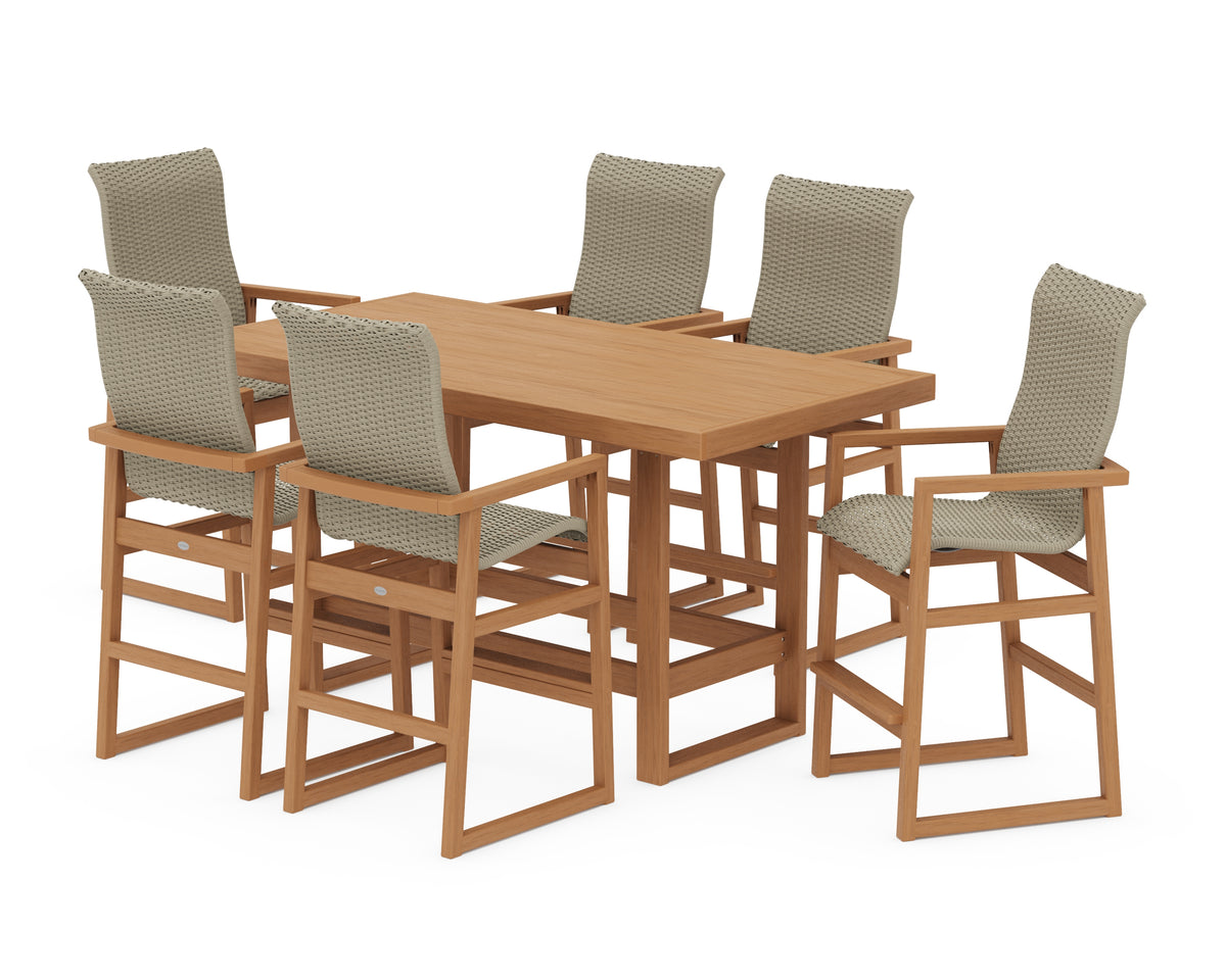POLYWOOD EDGE Woven Highback Arm Chair 7-Piece Bar Set in Natural / Dune Grass