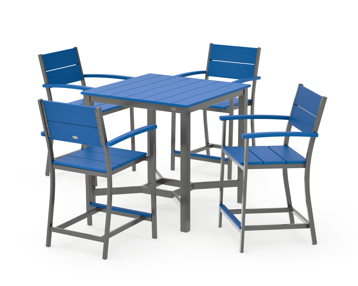 POLYWOOD Main Street 5-Piece Counter Set in Charcoal / Pacific Blue