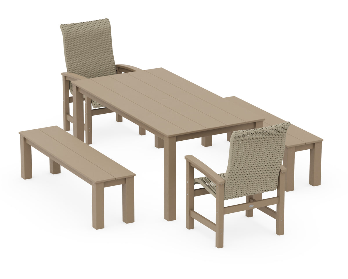 POLYWOOD Coastal Woven High-Back 5-Piece Parsons Dining Set with Benches in Vintage Sahara / Dune Grass