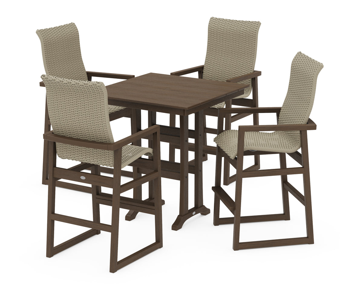 POLYWOOD EDGE Woven Highback 5-Piece Farmhouse Bar Set with Trestle Legs in Kona / Dune Grass