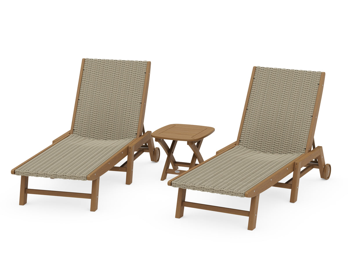 POLYWOOD 3-Piece Coastal Woven Chaise with Wheels Lounge Set in Natural / Dune Grass