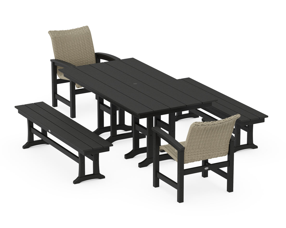 POLYWOOD Coastal Woven 5-Piece Farmhouse Dining Set with Benches in Black / Dune Grass