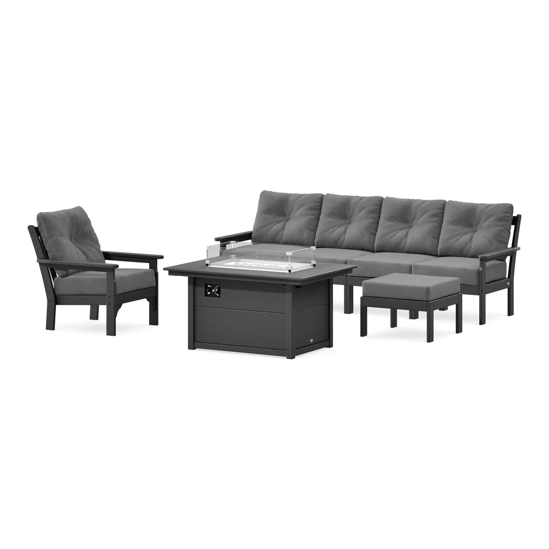 POLYWOOD Vineyard Sectional Lounge and Fire Pit Set in Black