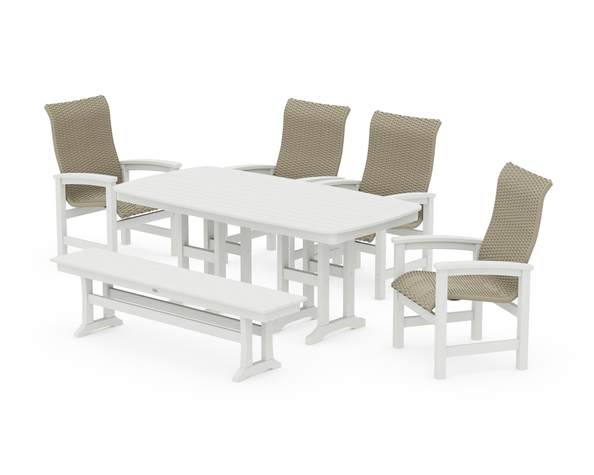 POLYWOOD Coastal Woven High-Back 6-Piece Farmhouse Dining Set with Bench with Nautical 37" x 72" Dining Table in Vintage White / Dune Grass