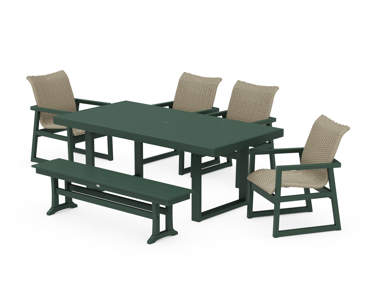 POLYWOOD EDGE Woven 6-Piece Dining Set with Bench in Green / Dune Grass