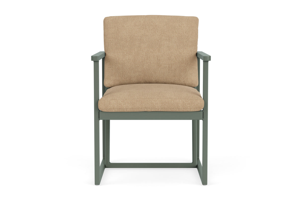 Lloyd Flanders Summit Dining Armchair in Spruce with Hayden Sand fabric