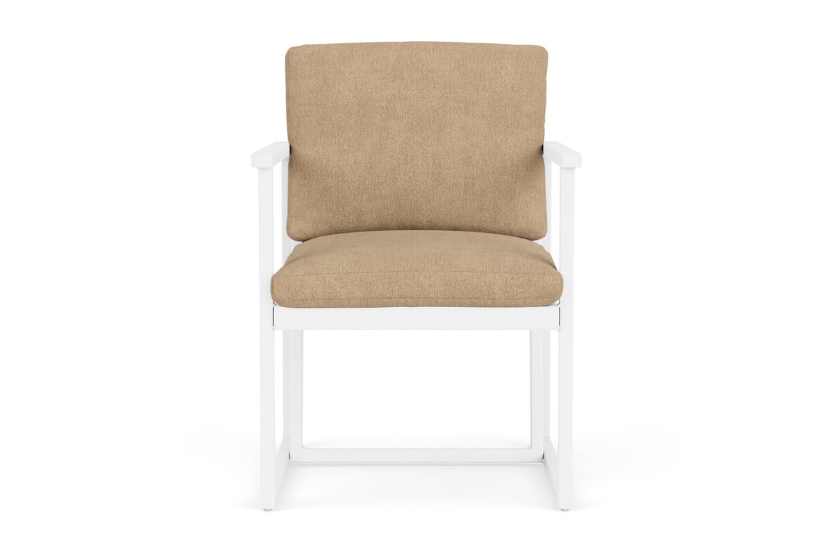 Lloyd Flanders Summit Dining Armchair in Matte White with Hayden Sand fabric