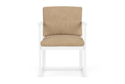 Lloyd Flanders Summit Dining Armchair in Matte White with Hayden Sand fabric