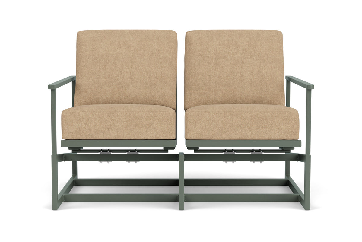 Lloyd Flanders Summit Spring Rocker Loveseat in Spruce with Hayden Sand fabric