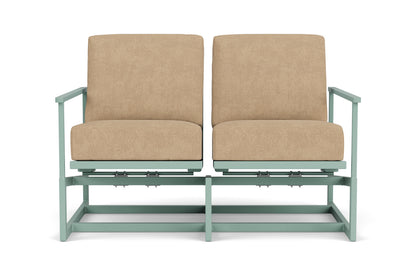 Lloyd Flanders Summit Spring Rocker Loveseat in Sea Glass with Hayden Sand fabric