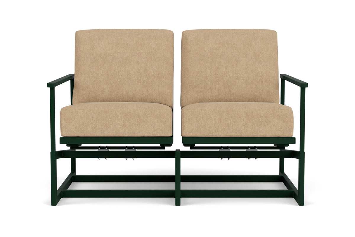Lloyd Flanders Summit Spring Rocker Loveseat in Woodland with Hayden Sand fabric