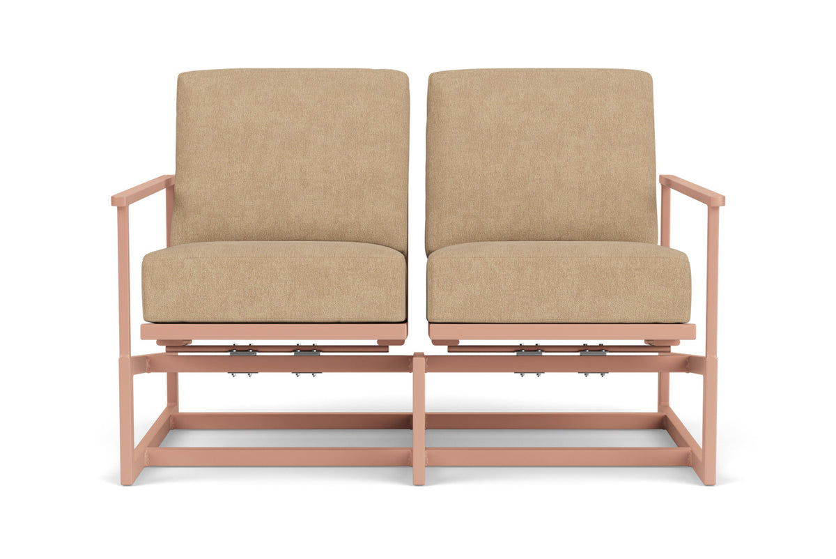 Lloyd Flanders Summit Spring Rocker Loveseat in Rosewood with Hayden Sand fabric