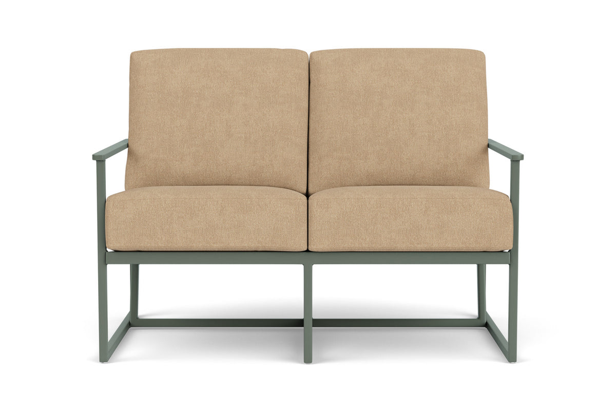 Lloyd Flanders Summit Conversation Set in Spruce with Hayden Sand fabric