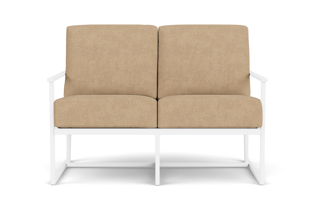 Lloyd Flanders Summit Loveseat in Matte White with Hayden Sand fabric