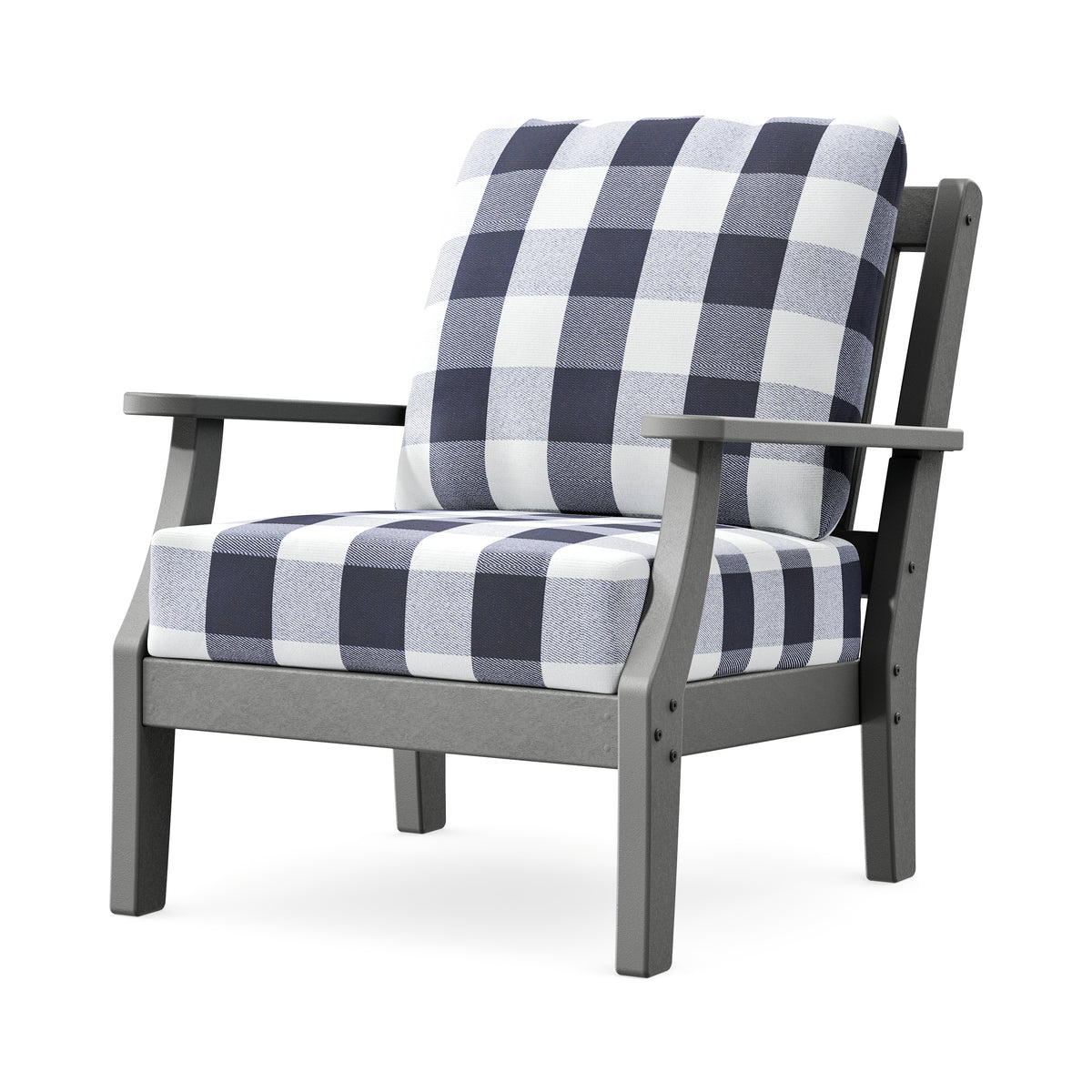 POLYWOOD Chinoiserie Deep Seating Chair in Slate Grey / Buffalo Plaid Navy