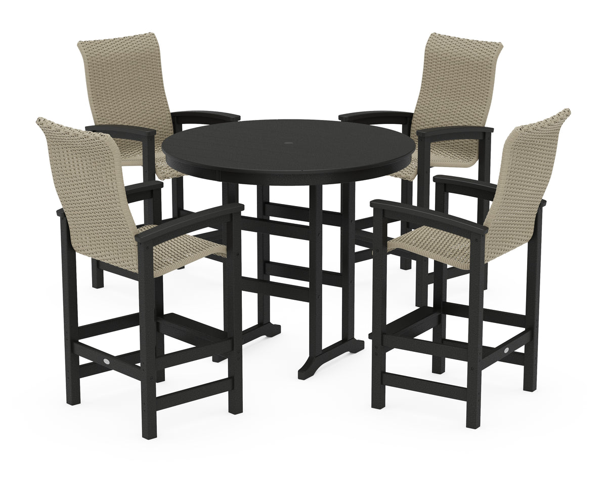 POLYWOOD Coastal Woven High-Back 5-Piece Round Farmhouse Bar Set in Black / Dune Grass