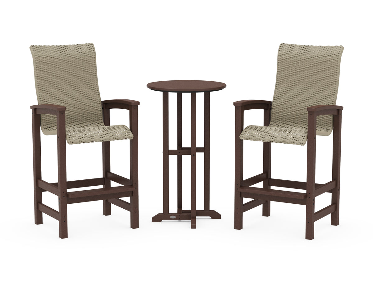 POLYWOOD Coastal Woven High-Back 3-Piece Farmhouse Bar Set in Mahogany / Dune Grass