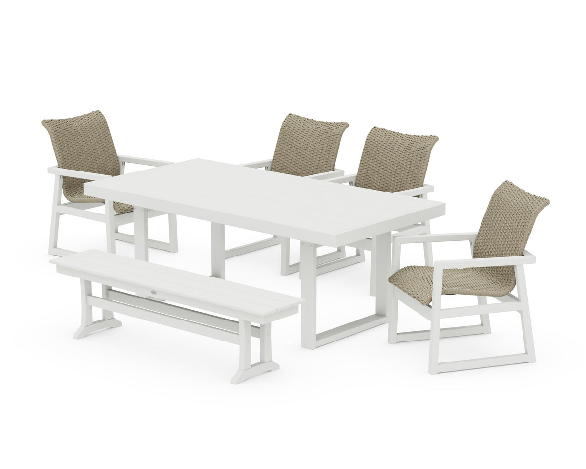 POLYWOOD EDGE Woven 6-Piece Dining Set with Bench in White / Dune Grass