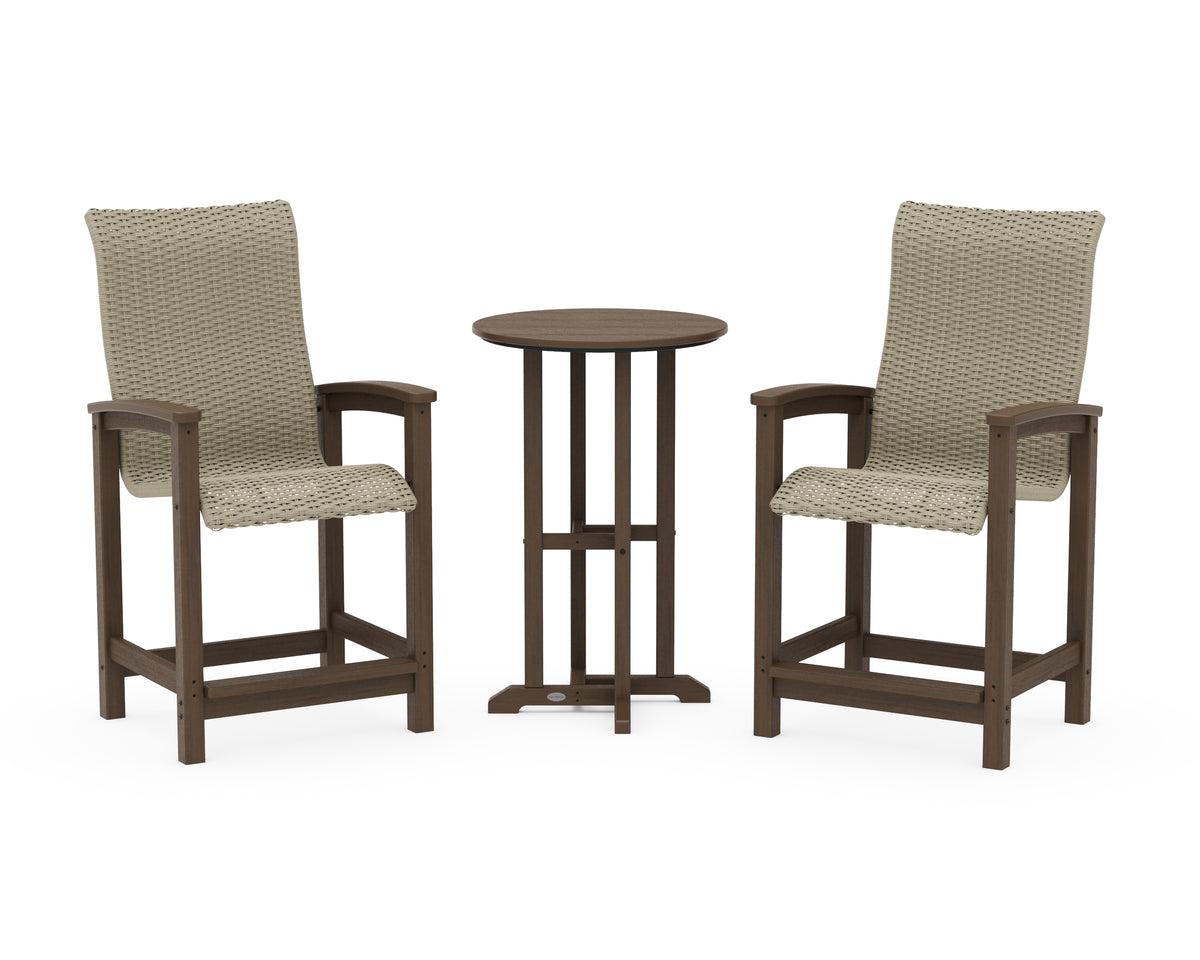 POLYWOOD Coastal Woven High-Back 3-Piece Farmhouse Counter Set in Kona / Dune Grass
