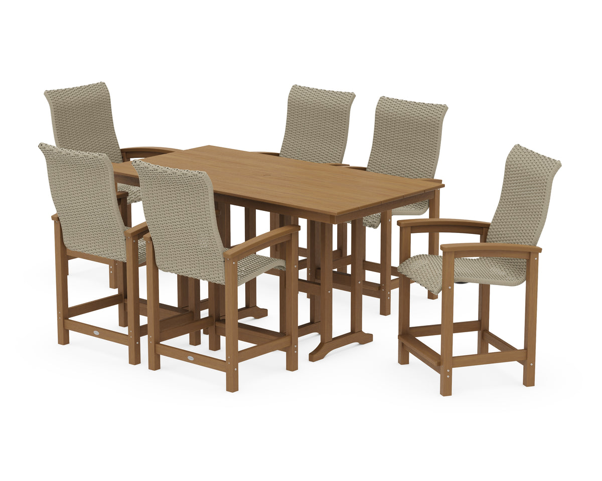 POLYWOOD Coastal Woven High-Back Arm Chair 7-Piece Farmhouse Counter Set in Natural / Dune Grass