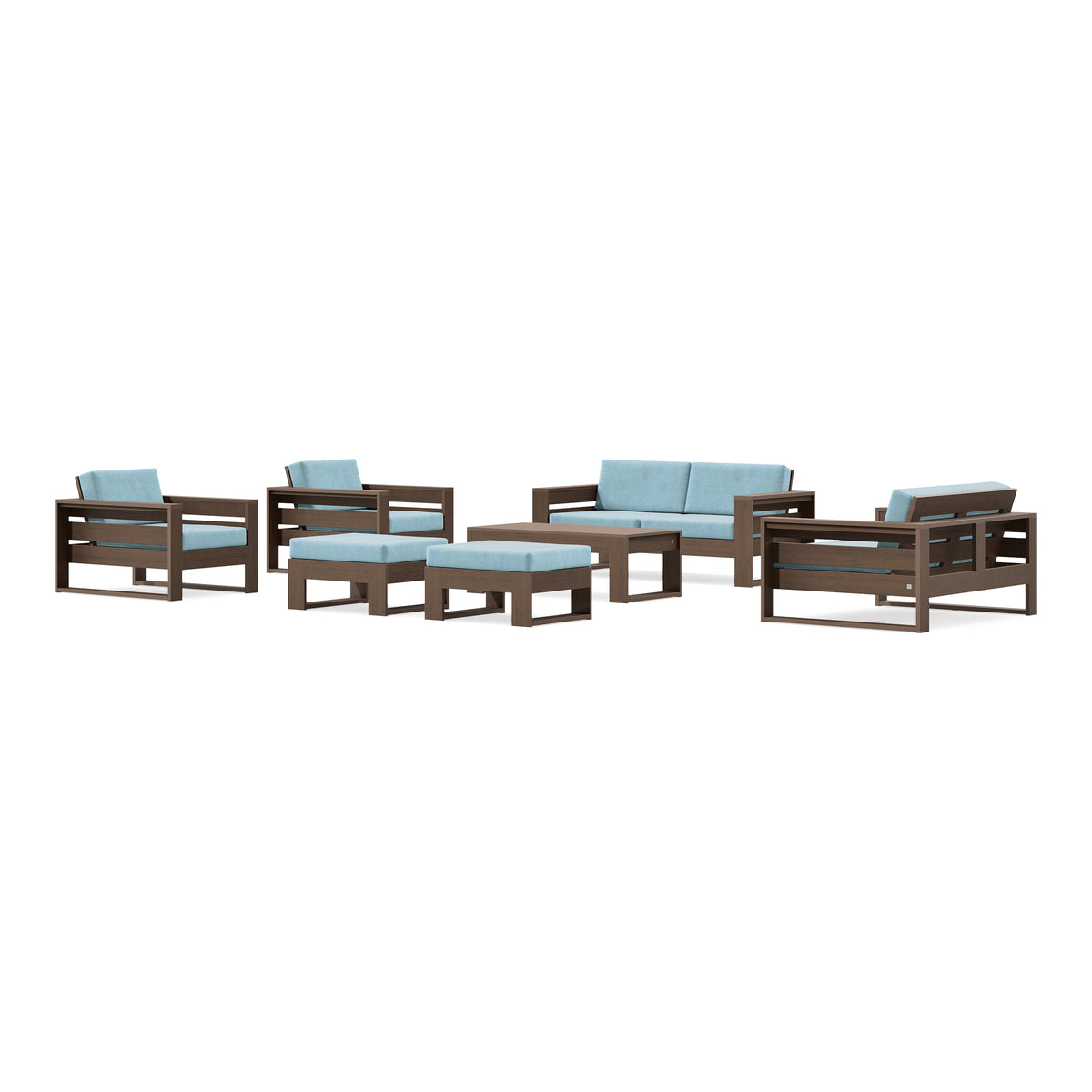 POLYWOOD PW Designer Series Latitude 7-Piece Lounge Loveseat Set in Kona / Lattice Sky Blue
