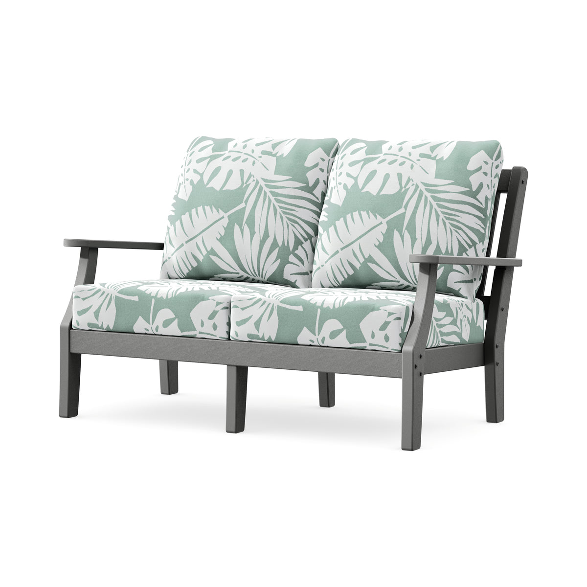 POLYWOOD Chinoiserie Deep Seating Loveseat in Slate Grey / Leaf Glacier Spa