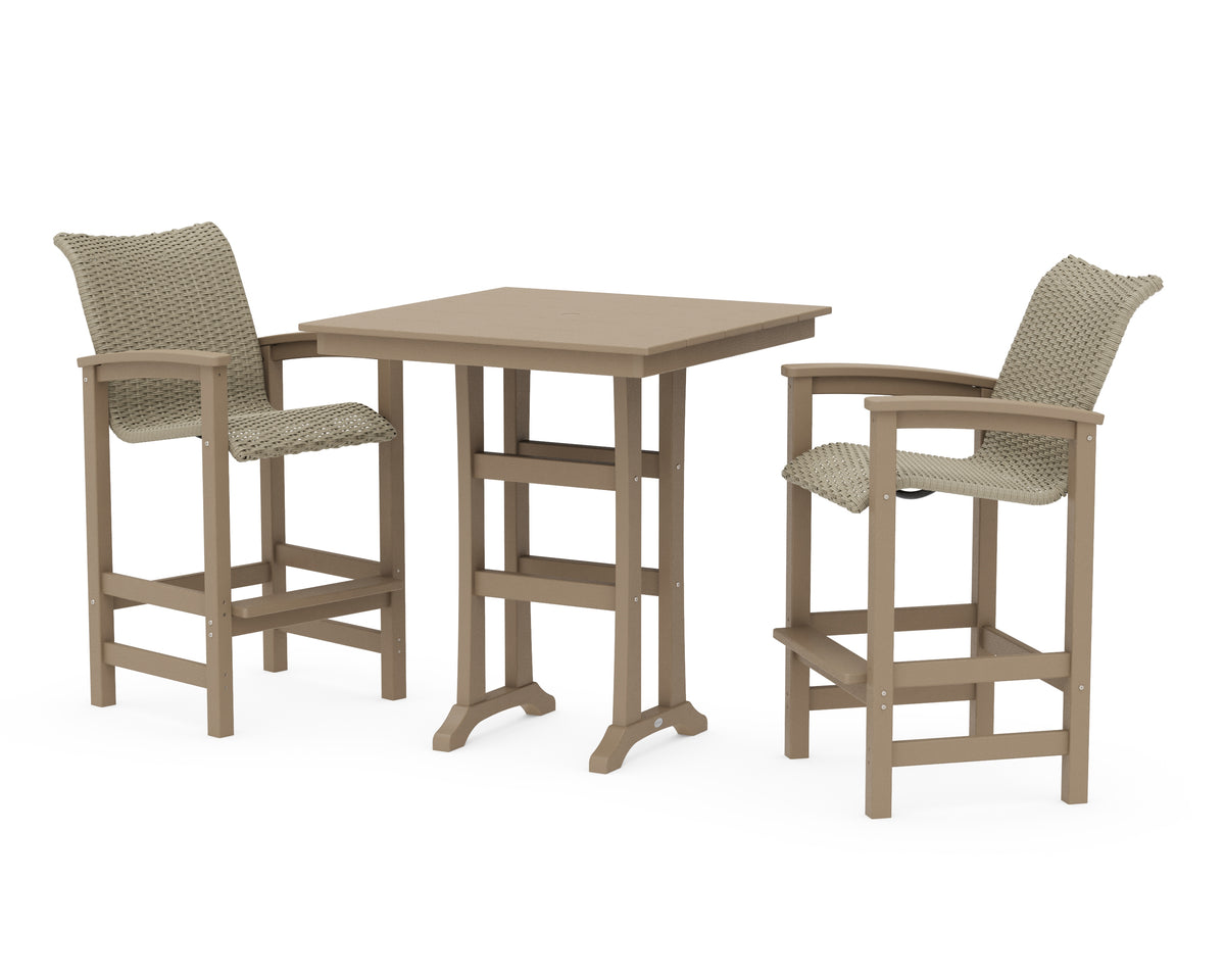 POLYWOOD Coastal Woven 3-Piece Farmhouse Bar Set with Trestle Legs in Vintage Sahara / Dune Grass