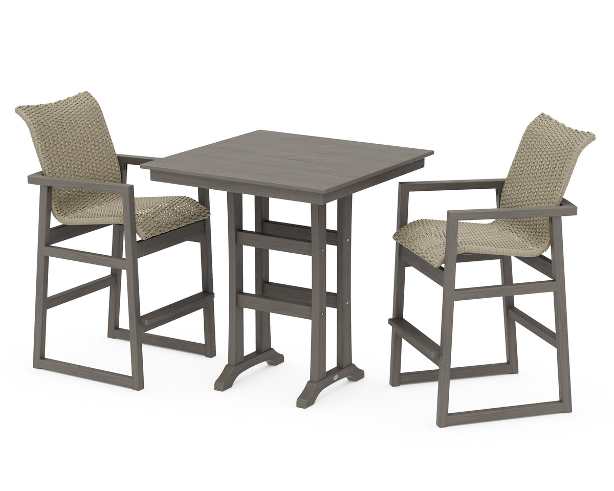 POLYWOOD EDGE Woven 3-Piece Farmhouse Bar Set with Trestle Legs in Driftwood / Dune Grass