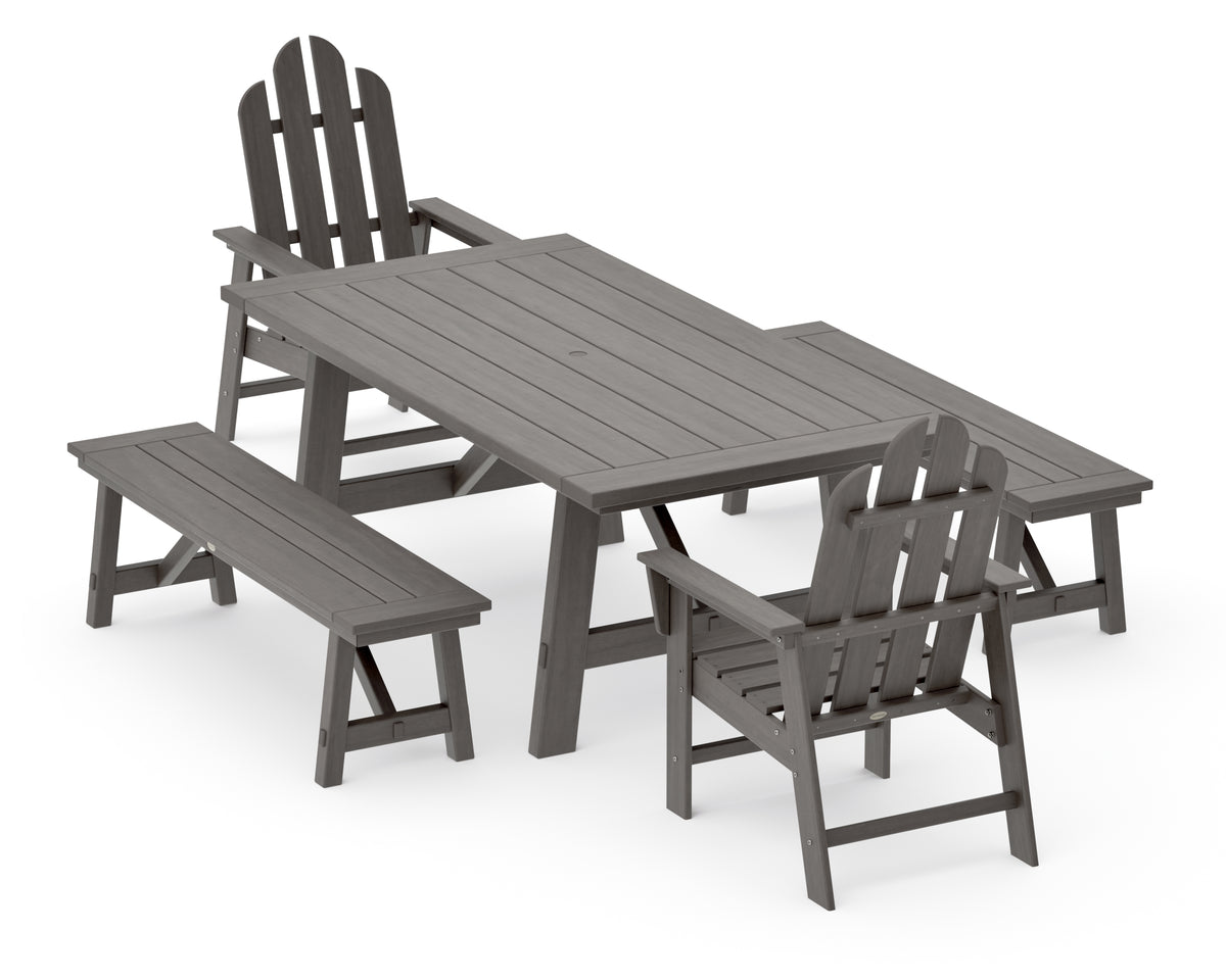 POLYWOOD Long Island 5-Piece Rustic Farmhouse Dining Set with Benches in Driftwood