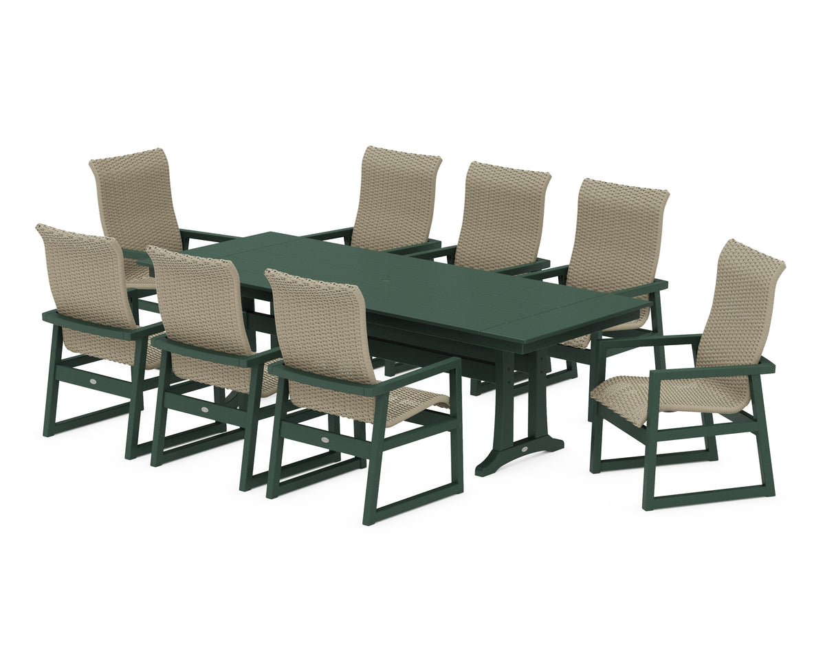 POLYWOOD EDGE Woven High-Back 9-Piece Farmhouse Dining Set with Trestle Legs in Green / Dune Grass