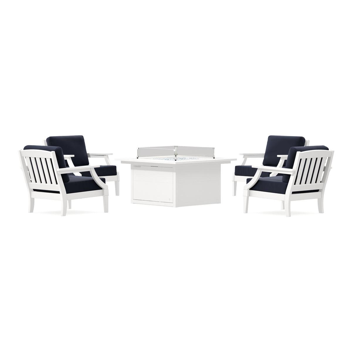 POLYWOOD PW Designer Series Estate 5-Piece Lounge Fire Table Set in Vintage White / Navy