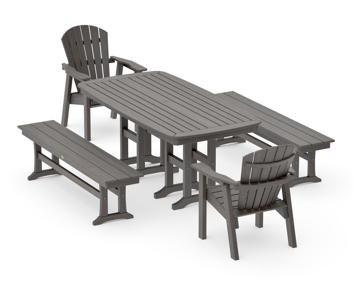 POLYWOOD Seashell 5-Piece Dining Set with Benches - 37" x 72" Table in Driftwood