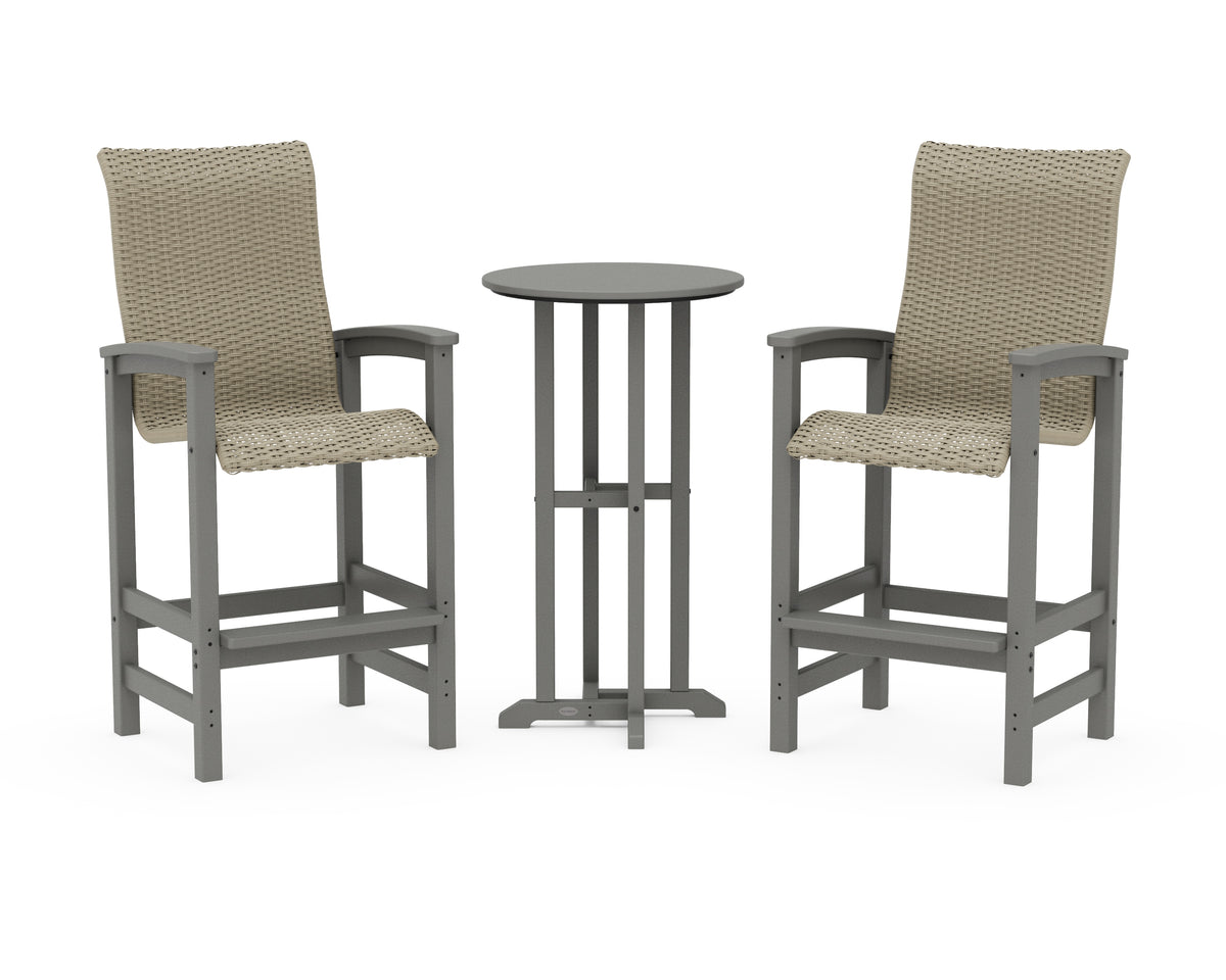 POLYWOOD Coastal Woven High-Back 3-Piece Farmhouse Bar Set in Slate Grey / Dune Grass