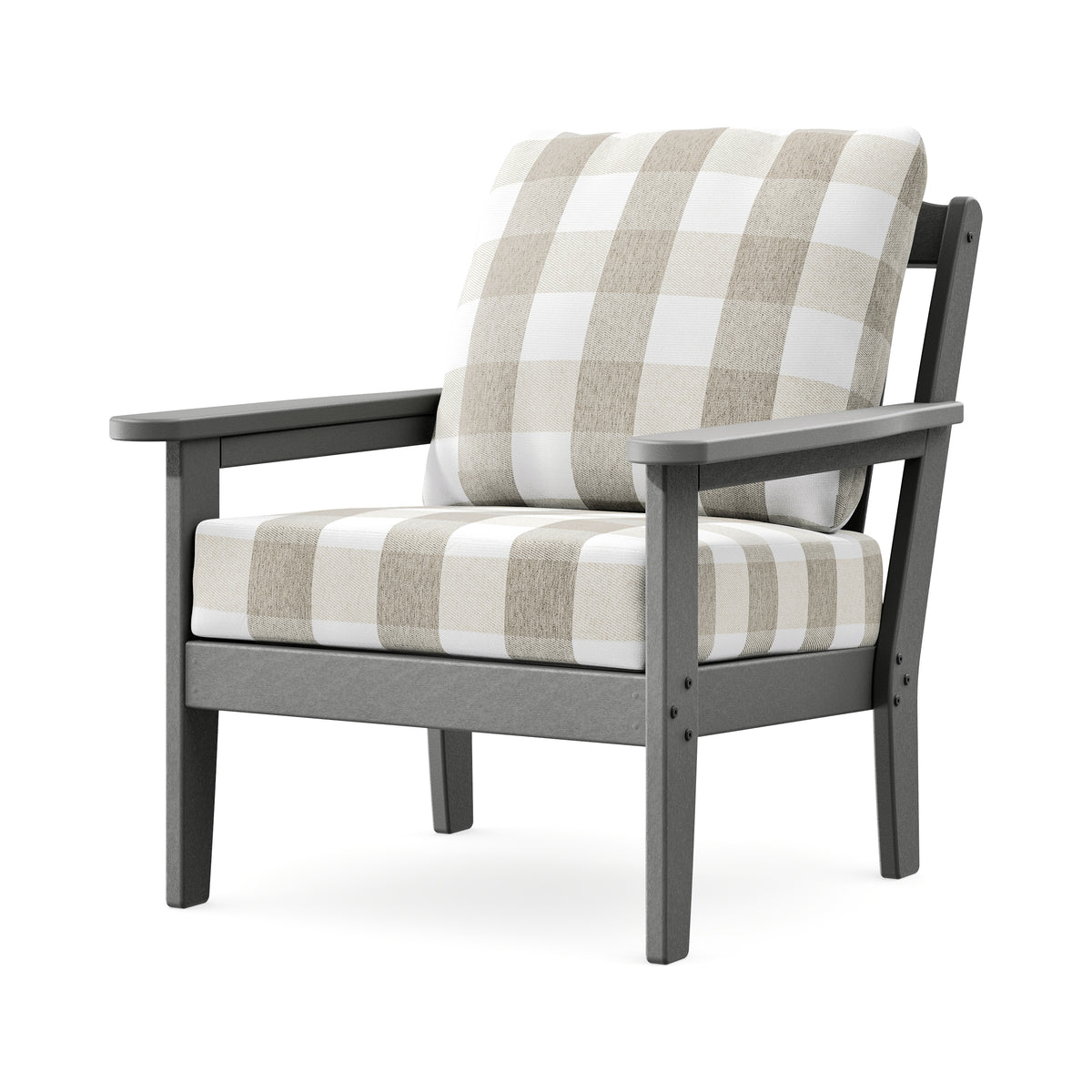 POLYWOOD Cottage Deep Seating Chair in Slate Grey / Buffalo Plaid Dune Burlap