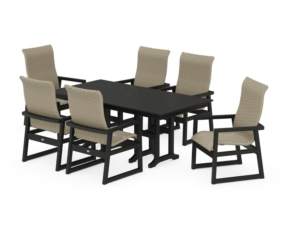 POLYWOOD EDGE Woven High-Back Arm Chair 7-Piece Farmhouse Dining Set in Black / Dune Grass