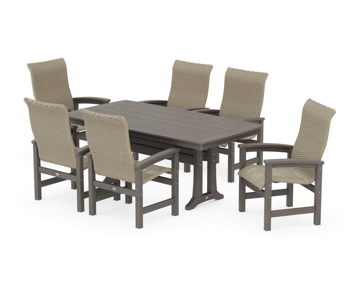 POLYWOOD Coastal Woven High-Back Arm Chair 7-Piece Dining Set with Trestle Legs in Driftwood / Dune Grass