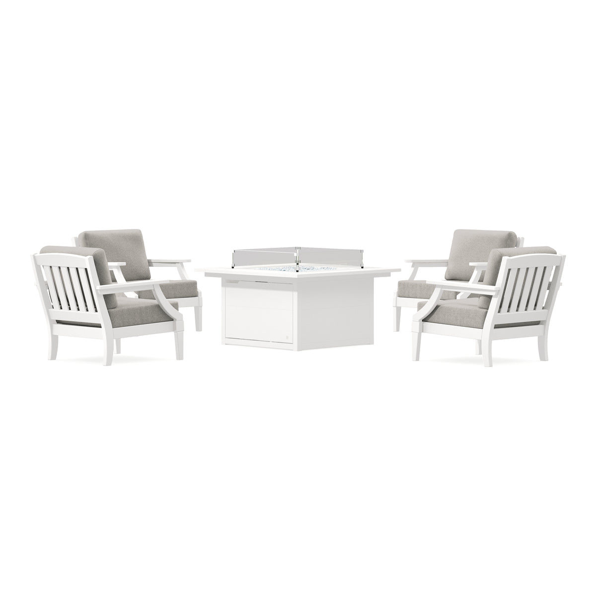 POLYWOOD PW Designer Series Estate 5-Piece Lounge Fire Table Set in Vintage White / Weathered Tweed