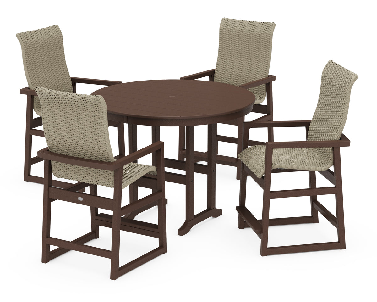 POLYWOOD EDGE Woven Highback 5-Piece Round Farmhouse Counter Set in Mahogany / Dune Grass